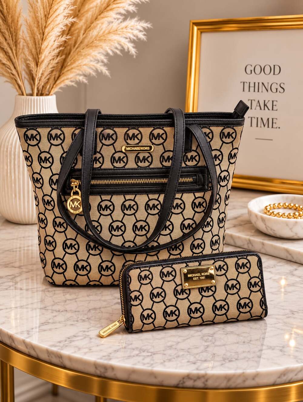 Michael Kors MK Monogram Tote Bag + Matching Zip Wallet Black Tan Set